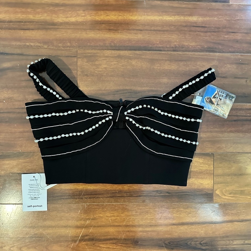 NWT SELF PORTRAIT BLACK DIAMANTÉ BUST TOP